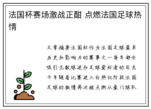 法国杯赛场激战正酣 点燃法国足球热情