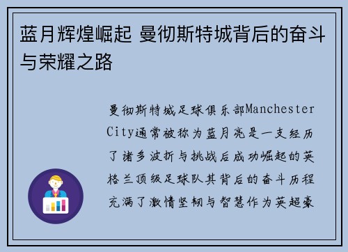 蓝月辉煌崛起 曼彻斯特城背后的奋斗与荣耀之路